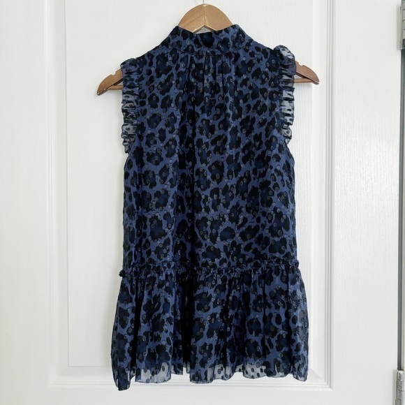 Kate Spade Metallic Silk Chiffon Leopard Print Blouse Ruffle Blue - Picture 5 of 8